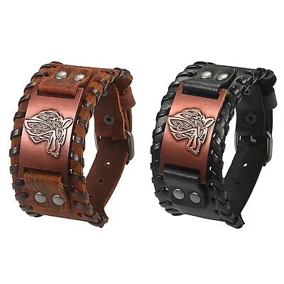 Mens Punk Norse Viking Wolf Head Leather Wristband Cuff Bracelet Adjustable Gift • $9.99