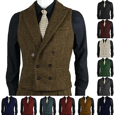 Business Men Tweed Waistcoat Herringbone Double Breasted Vest M Large XL XXL 3XL • $29.68