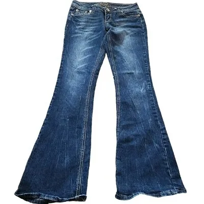 Vanity Premium Collection Womens 26x33 Jeweled Cross Pocket Low Rise Flare Jeans • $40