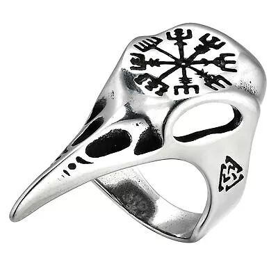 Men's Stainless Steel Raven Head Viking Amulet Nordic Odin Ring Band Promise • $9.99