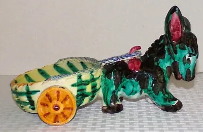 Vintage Italy Hand Painted 10 1/4  Long Donkey Pulling Round Cart Planter • $18.71