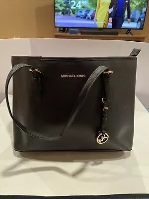 Michael Kors Black Saffiano Leather Large Tote Shoulder Bag Laptop Pocket Purse  • $55