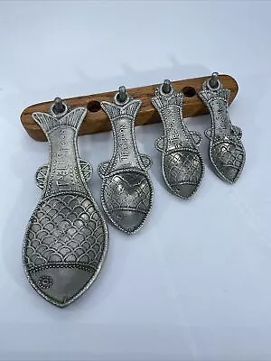 Vintage Tin Woodsman Handmade Artisan Fish Pewter Measuring Spoons Rack 4 Fish • $34.75