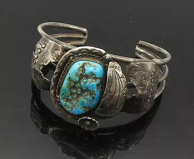 NAVAJO 925 Sterling Silver - Vintage Turquoise Floral Cuff Bracelet - BT7191 • $333.13