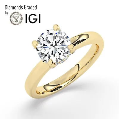 Round Solitaire Hidden Halo 14K Yellow Gold Engagement Ring 2 Ct Lab-grown IGI • $1804