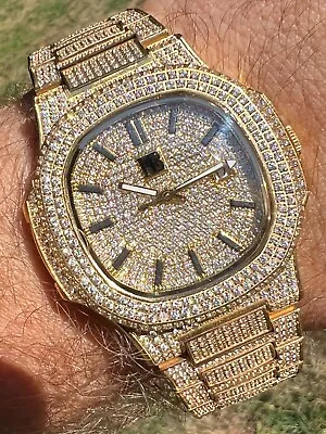 Real Mens Watch Fully Iced Gold Over Stainless Steel Bust Down Out 41mm Hip Hop • $365.95
