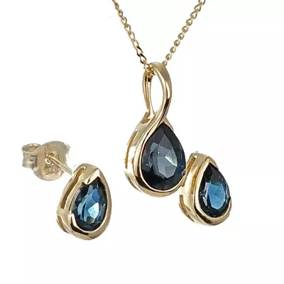 9ct Gold Set Necklace Earrings London Blue Treated Topaz Gemstone Handmade • £219.95