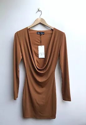 BNWT Zara Draped Neck Long Sleeve Dress S 8 10 Blogger Plunge Nineties Celeb • £20