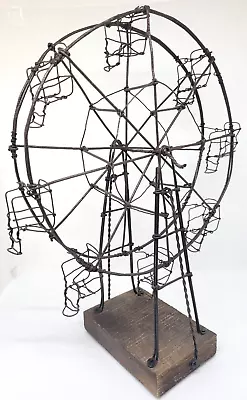 Wire Ferris Wheel Folk Art Handmade Sculpture Rustic Wood Base Crank - VINTAGE • $112