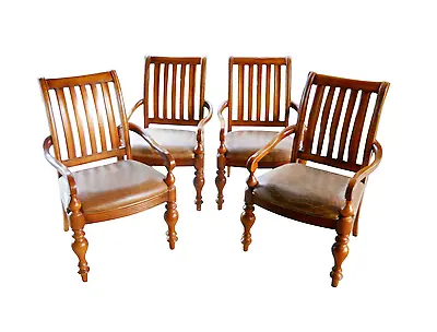 Spanish Revival Bernhardt Rustic Leather Cherry Wood Club Arm Chair Set Of Four • $3199