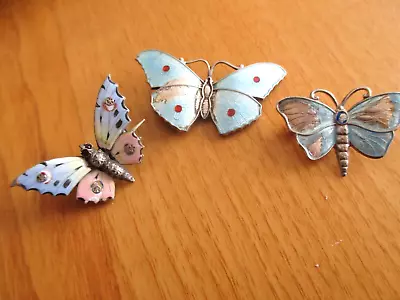 Vintage Three Silver Enamel Butterfly  Brooches(one C.horner) 9.5 Grms A/f • £20