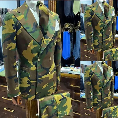 Camouflage Men Suits 2Pcs Wide Peak Lapel Formal Outdoor Double Breasted Blazer • $59.62