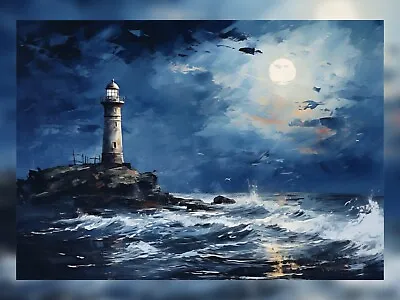 Lighthouse In Moonlight Oil Painting Print Art Decor 5 X7  • £4.99