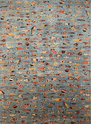 $3168 • Buy 10x14 Ft Blue Fish Gabbeh Afghan Hand Knotted Wool Trbal Area Rug