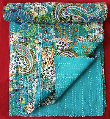 Printed Kantha Quilt Blue Paisley Handmade Vintage Quilt Kantha Throw Blanket • £17.09