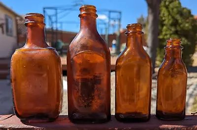 1930's-1940's Antique Bottle Lot Amber Brown Medicine Bottles Lot Of 4 • $13
