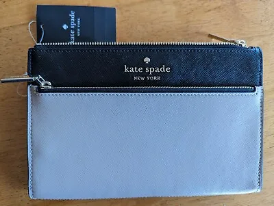 NWT Kate Spade Staci Saffiano Leather Double Zip Beige/Black Wallet Wristlet • $118.50