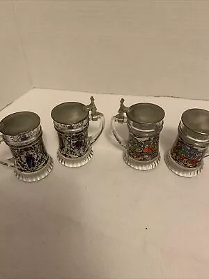 Four Vintage BMF Schnapskrugel Mini Beer Stein Glass With Pewter Hinged Lid • $24.99