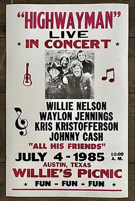 HIGHWAYMAN Willie Nelson Austin Texas 7-4-1985 22” X 14” Concert Poster • $51