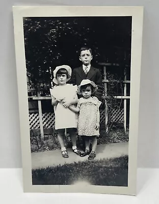 Vintage Photo 1933 Girls Hat Boy Siblings Posed • $4.99