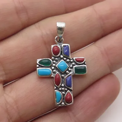 925 Sterling Silver Vintage Turquoise Sugilite Green Onyx Coral Cross Pendant • $39.95