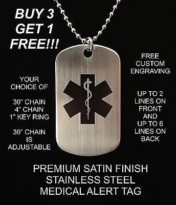 Medical Alert Stainless Steel Dog Tag Necklace Customized Free Engraving I.c.e. • $8.99