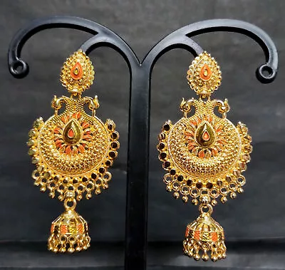 22K Gold Plated Gift Jhumka Earrings Indian 3'' Long Wedding SET Jar771 • $22.65