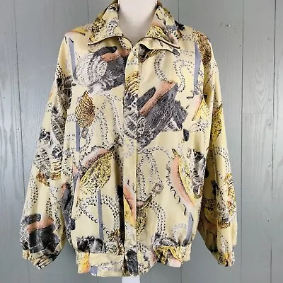 Vintage FUDA Silk Bomber Jacket Womens Medium Yellow Seashells Exotic Coastal • $25.99