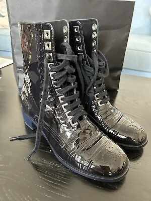 RRP£1250 Chanel Boots Patent Leather 38 1/2 Uk 5.5 Black Lace Ups Fantastic • £350