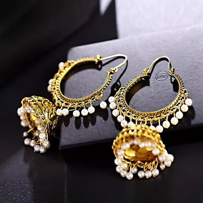 Vintage Women Boho Indian Jhumka Gypsy Jewelry Ethnic Bells Pearl Drop Earrings • $3.60