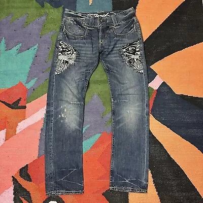 Vintage Y2K Ed Hardy Denim Jeans Embroidered Tiger Blue Size Mens W34 L34 • £129.95