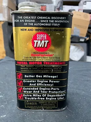 Vintage SUPER TMT TOTAL MOTOR TREATMENT 8oz Tin Oil Can Full • $9.50