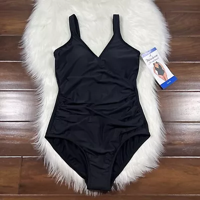 Miradonna Miraclesuit Women's Size 10 Black Shaping V Neck One Piece Swimsuit • $49.95