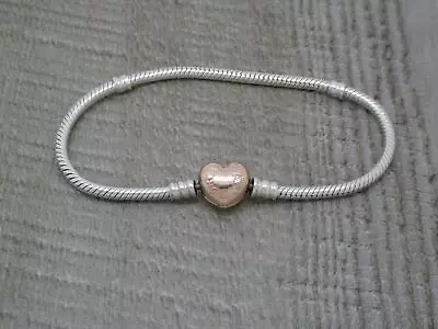 Authentic 925 ALE Pandora Moments Rose Gold Heart Clasp Snake Chain Bracelet • £30