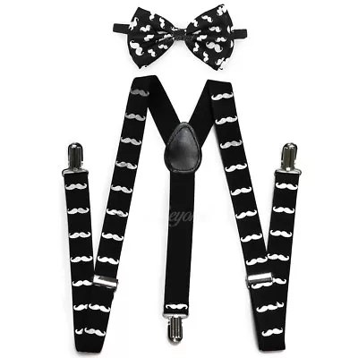 Black Mustache Suspender + Clip On Bow-Tie Matching Set For Adults Men Women  • $9.99