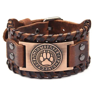 Men's Norse Viking  Wolf Paw&Vegvisir Rune Leather Cuff Wristband Bracelet Gift • $7.49