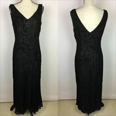 Eva Blue Slip Maxi Dress Sz 12 Womans Black Paisley Beaded V-Neck Sleeveless Y2K • $39.99