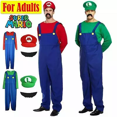 Men Adult Super Mario And Luigi Cosplay Dress Up Plumber Bros Halloween Costume﹤ • £17.19