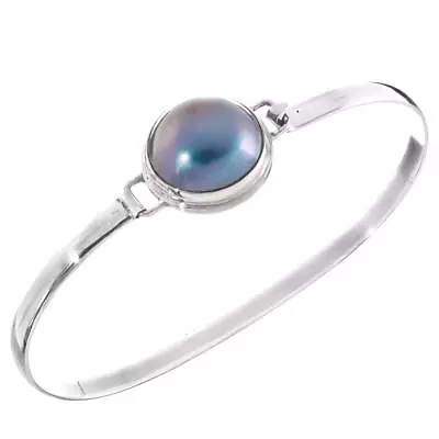 925 Sterling Silver Opulent Blue Mabe Pearl Sterling Cuff Bangle Bracelet • $44.95