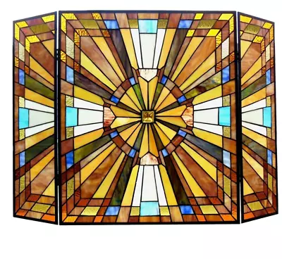 Tiffany Style Fireplace Screen Arts & Crafts Stained Glass 3 PC   ONE THIS PRICE • $311.91