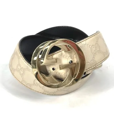 GUCCI 114876 Guccissima GG Interlocking GG Buckle Belt Leather BeigeBased/Gold • $300