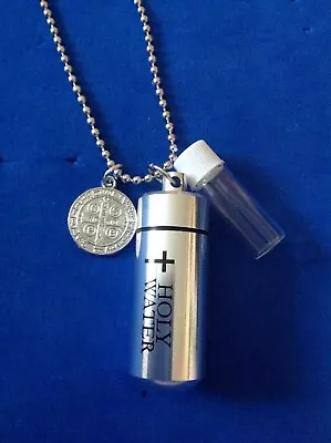 HOLY WATER NECKLACE ST BENEDICT Vial Container Carrier Protection Saint Metal  • $9.98