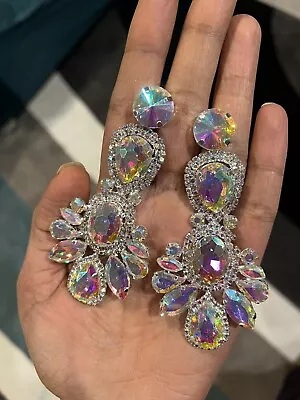 3.5” Big Long Silver Clear Aurora Borealis AB Austrian Crystal Pageant Earrings • $16