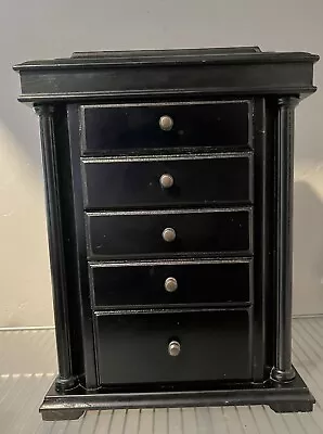 Dresser Top Jewelry Box Mirror Armoire Drawers Hooks Side Dark Wood Ring Holder • $68