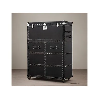 Restoration Hardware Mayfair Black Leather Trunk Liquor Bar Cabinet • $1400