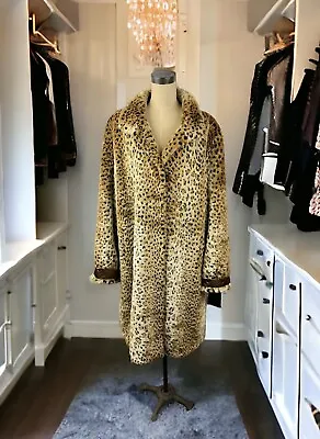 Faux Fur Fun Plush Leopard Animal Print Long Coat Jacket 90s Mob Wife Glam Y2K • $100