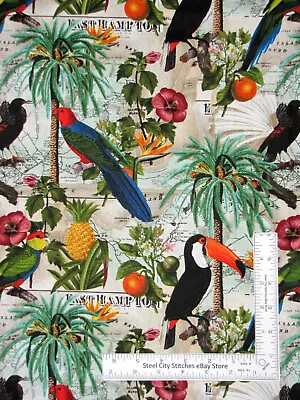 Flowers Birds Fabric Vintage Vacation Parrots Cotton David Textiles By The Yard • $10.98