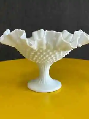 Fenton Pedestal Candy Dish Compote White Hobnail Milk Glass Ruffled Edge Vintage • $80