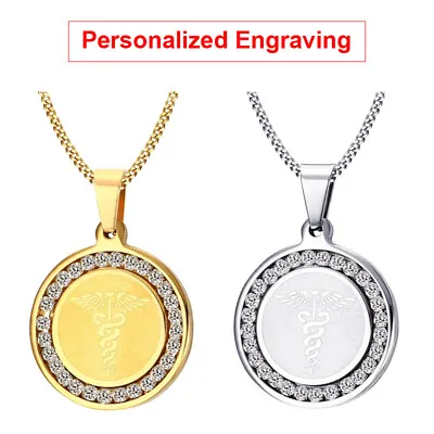 Personalized Medical Alert Women Men Necklace 24 Inch Cubic Zirconia Pendant Tag • £8.87