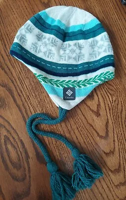 Columbia Omni Heat Ear Flap & Tassels Unisex Beanie Teal Blue White Green - EXC • $20